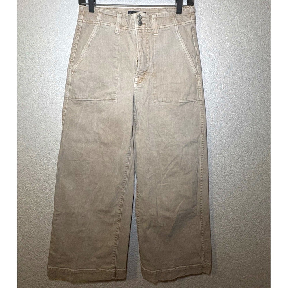 GAP Women's Beige Denim High Rise Wide-Leg Crop Pants Pockets